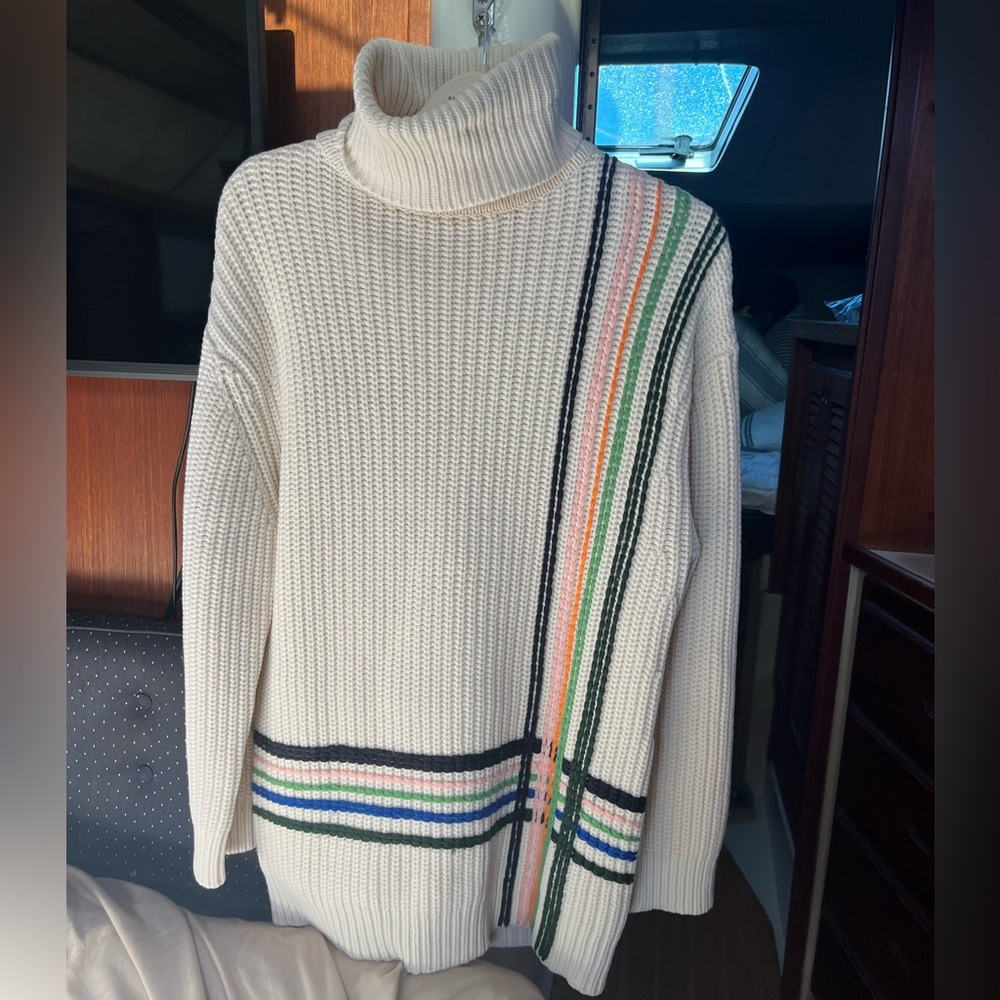 Tory Burch Multi Stripe Merino Wool Oversized Turtleneck Sweater - Picture 1 of 9